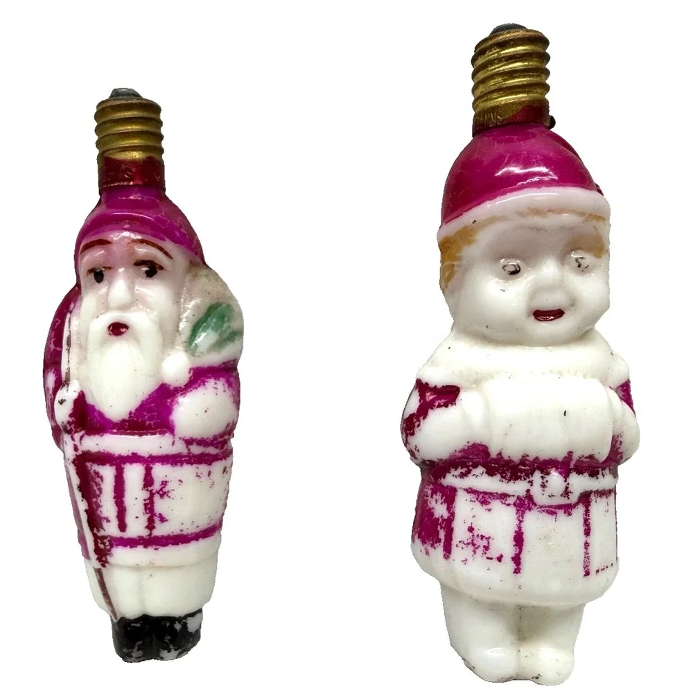 2x Vintage hand painted glass Santa‎ & Elf  light bulbs Christmas
